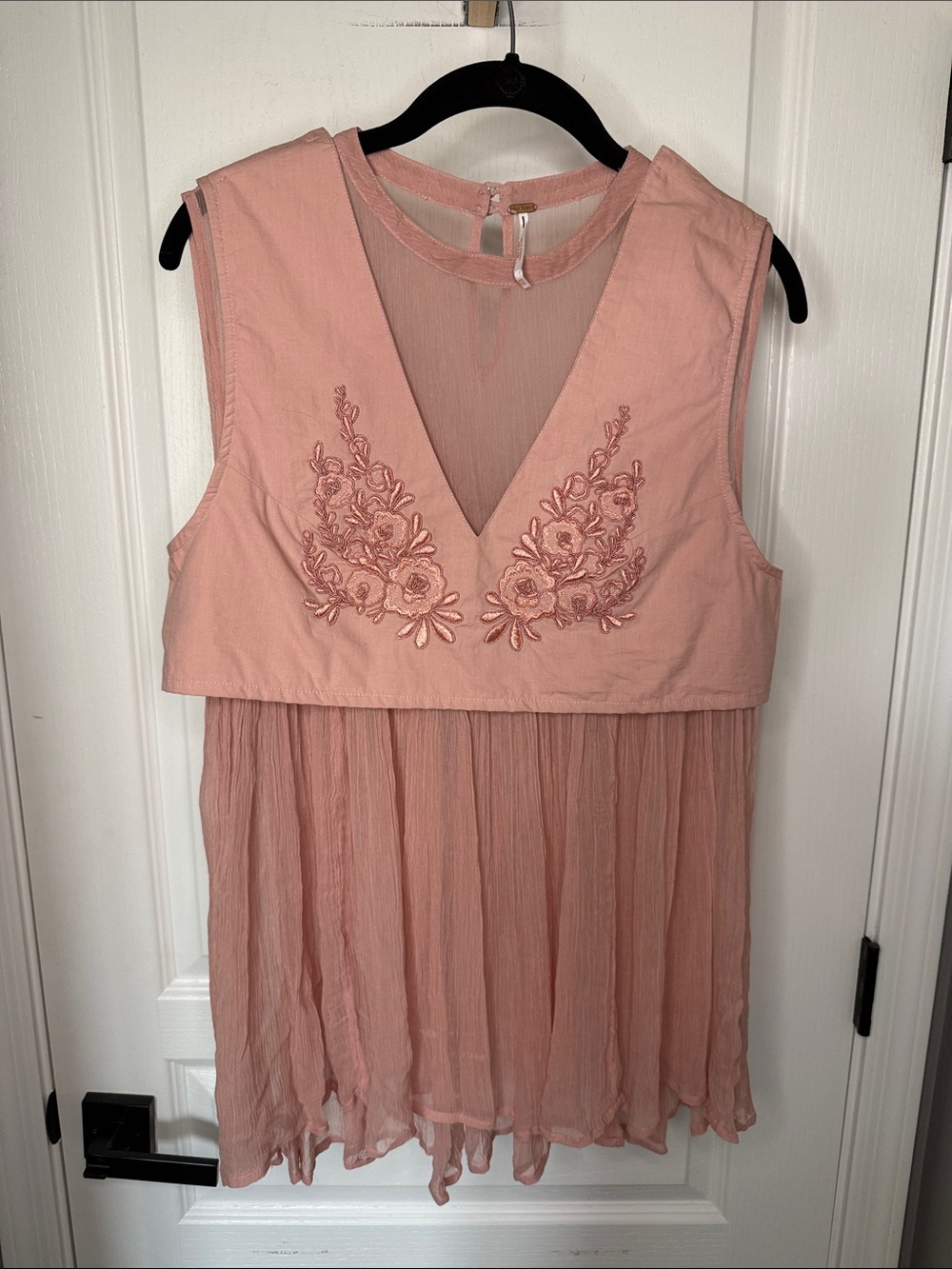 Free People Dusty Rose Embroidered V-Neck Chiffon Blouse